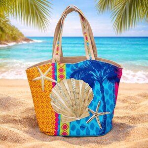 Sun 'N' Sand Paul Brent Artistic Canvas Tote Colorful Beach Bag Sea Shells